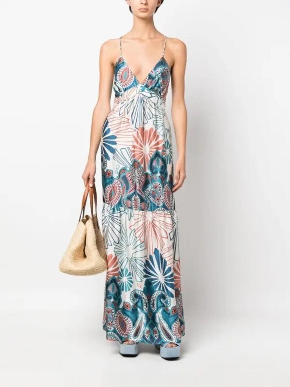 BA&SH Women,s Blue White Paisley Print V-Neck Tiered Maxi Dress Size Medium